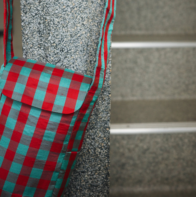 IPHONE CROSSBODY BAG - GINGHAM RED TURQUOISE